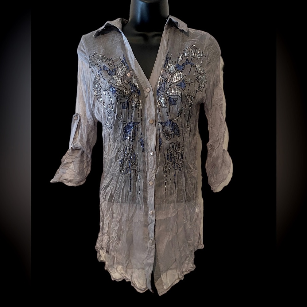 Lucy & Co. Gray sheer button up sequin embellished v-neck blouse size S. NWT